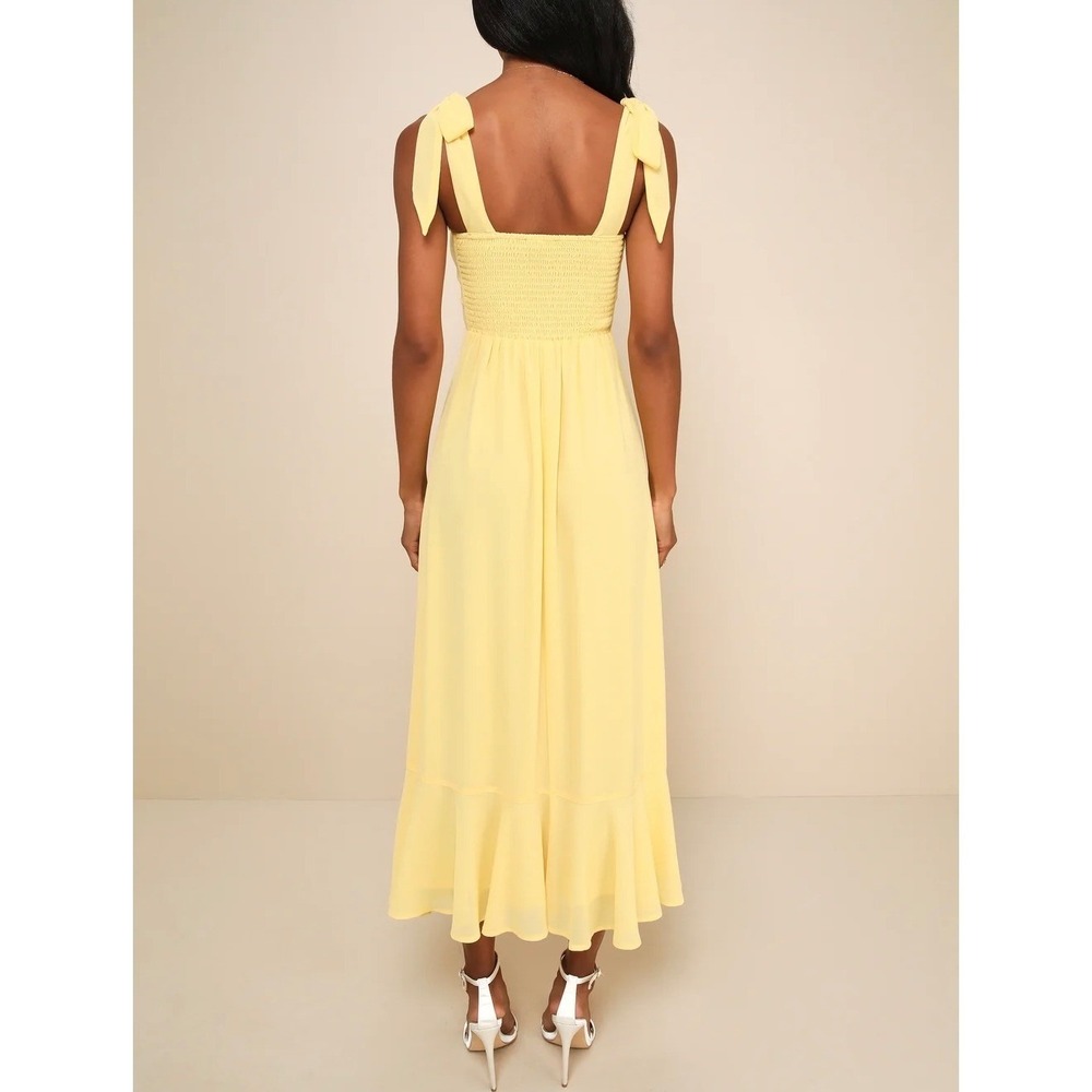 NWT Lulus Summer Invite Yellow Tie-Strap Tiered Midi Dress Size L - Picture 3 of 13